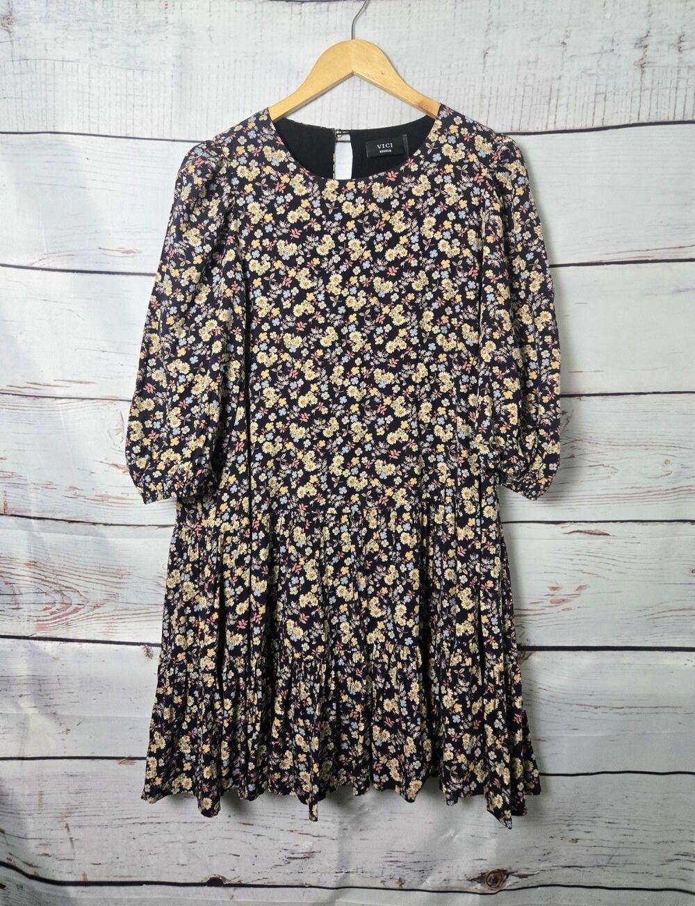 VICI Womens Dress Size Medium Black Floral Tiered Ruffle Mini Puff Sleeve Boho